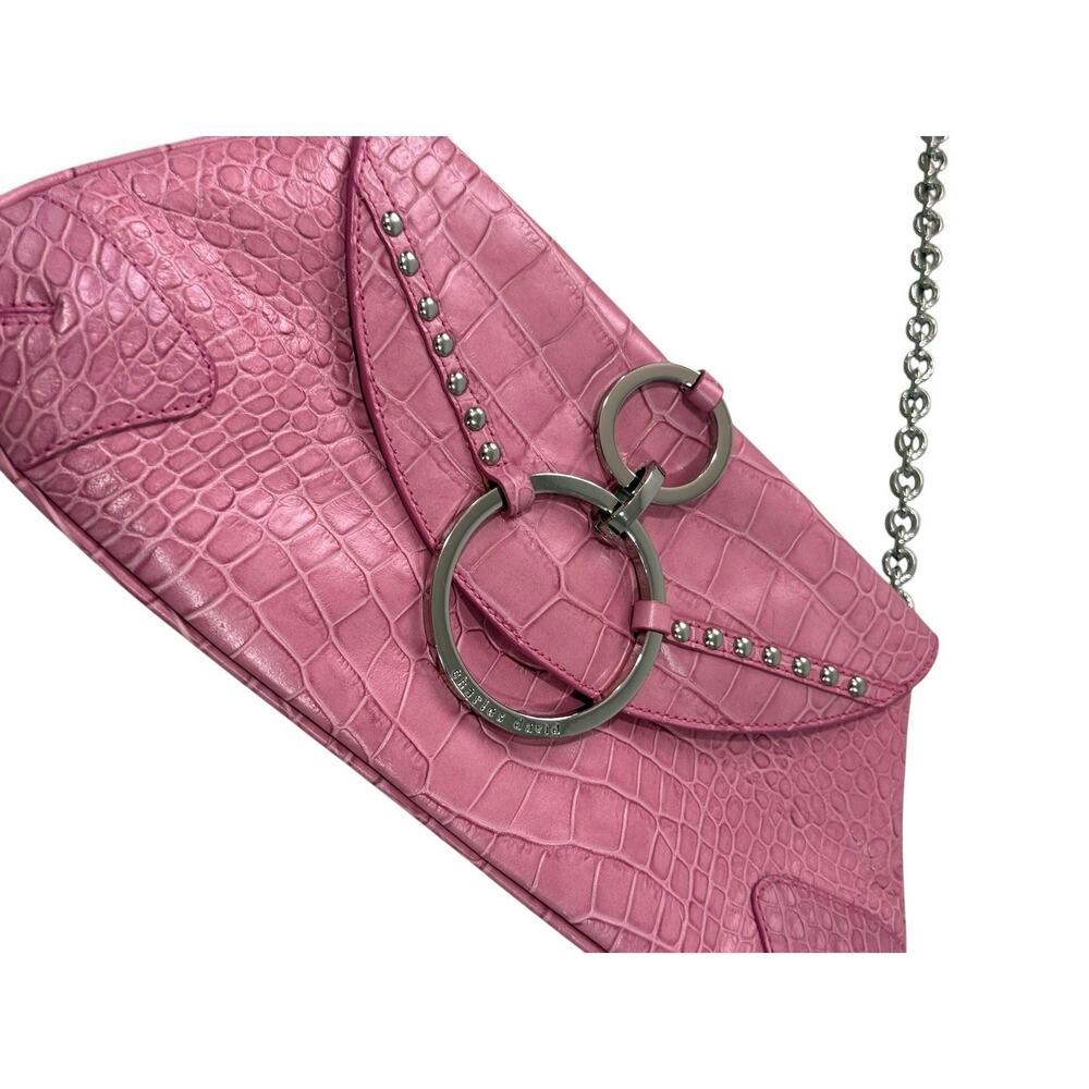 Vintage Y2K Style Pink Leather Croc Embossed Baguette Small Mini Shoulder Bag - Picture 2 of 10